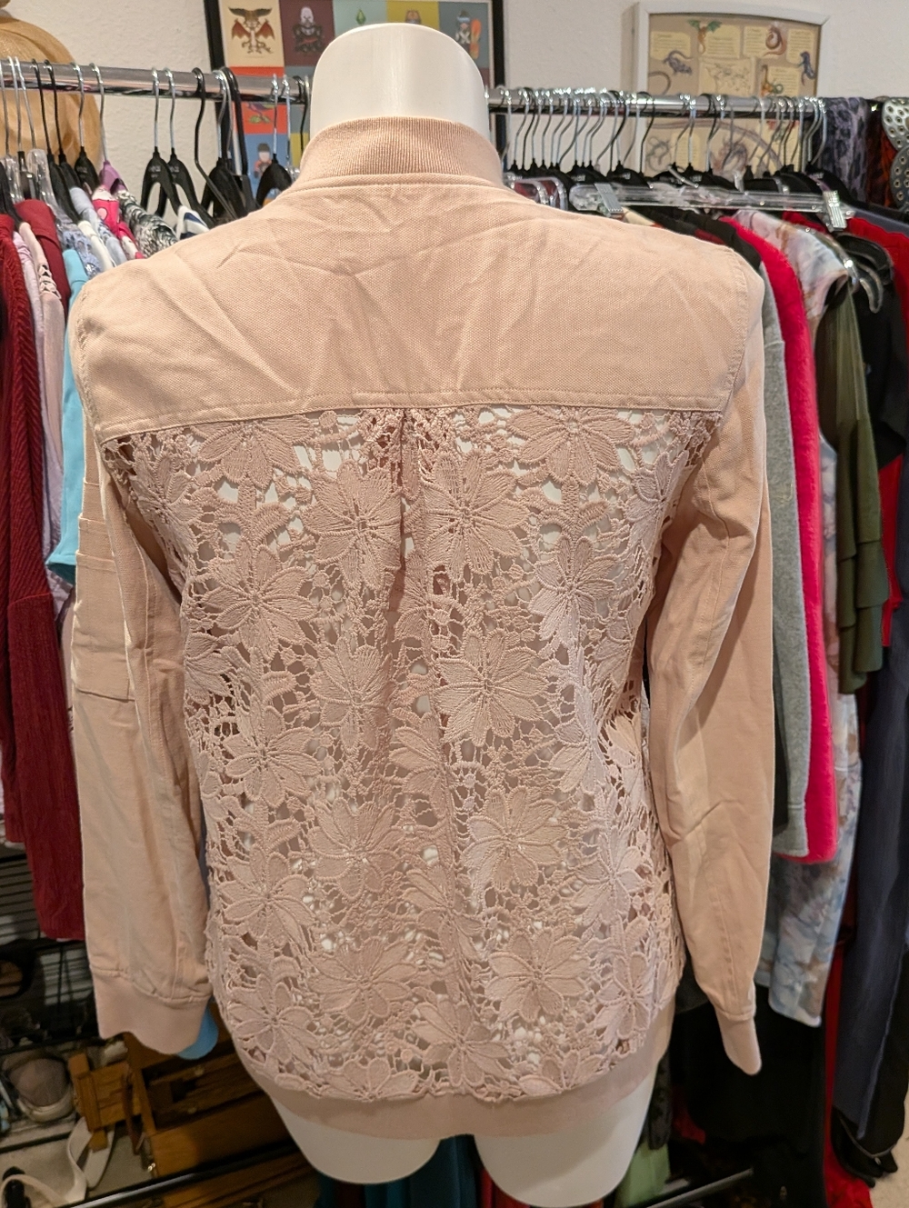 Chelsea 28 Blush Pink Bomber Jacket - Zip Front, Lace Back - L